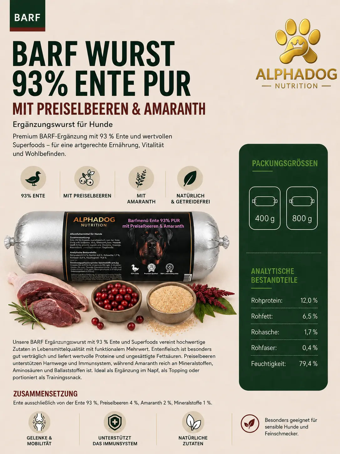 Alphadog BARF-Ergänzungswurst Ente mit Preiselbeeren & Amaranth - Hypoallergen