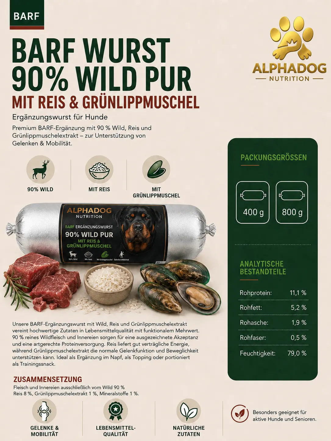 Alphadog BARF-Ergänzungswurst Wild mit Reis & Grünlippmuschel | Hypoallergen