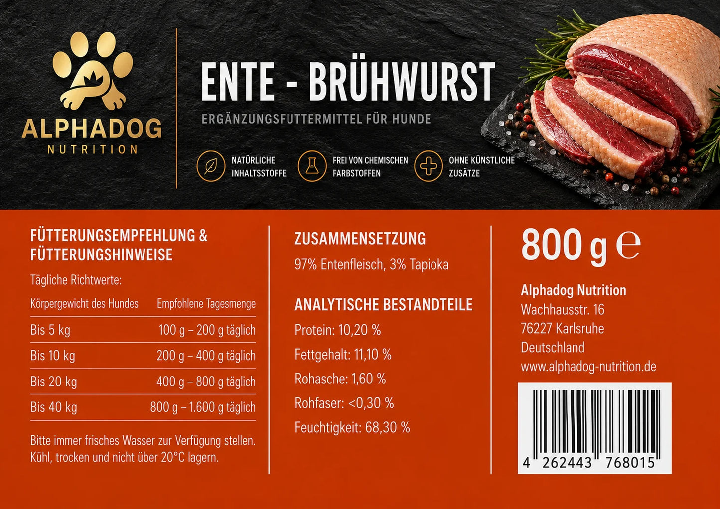 Alphadog Entenfleisch PUR | 800 g | 97 % Entenfleisch