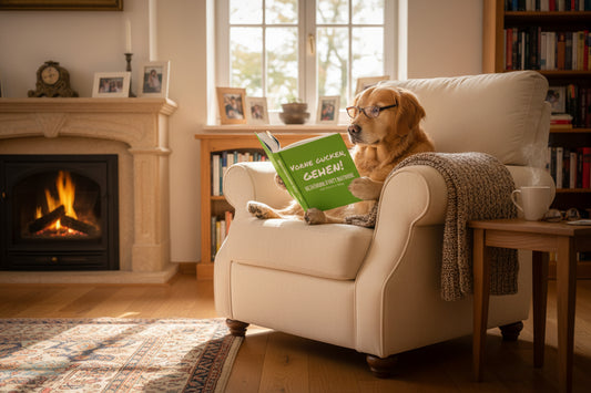 Ein Hund mit Brille, der das Buch: Vorne gucken, gehen! liest.