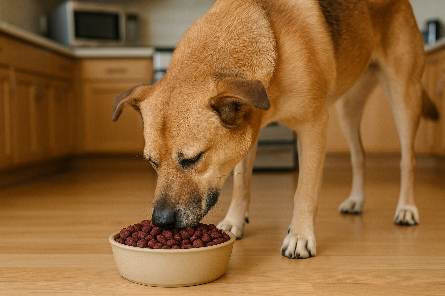Ein Hund, der in einer Küche dunkelrote Pellets frißt