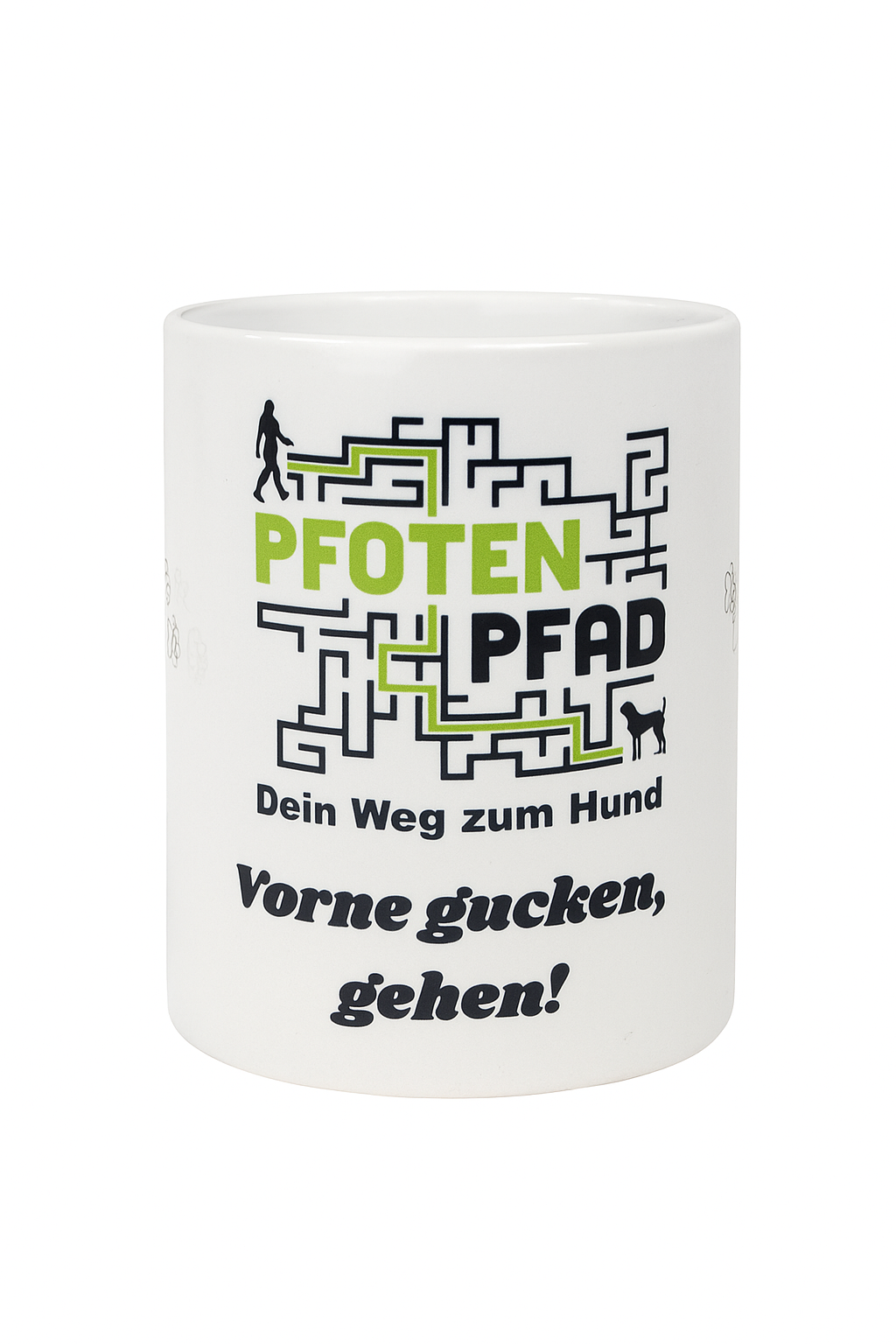 Pfoten-Pfad-Tasse "Vorne gucken, gehen" - 300 ml - Keramiktasse mit Logo und Slogan