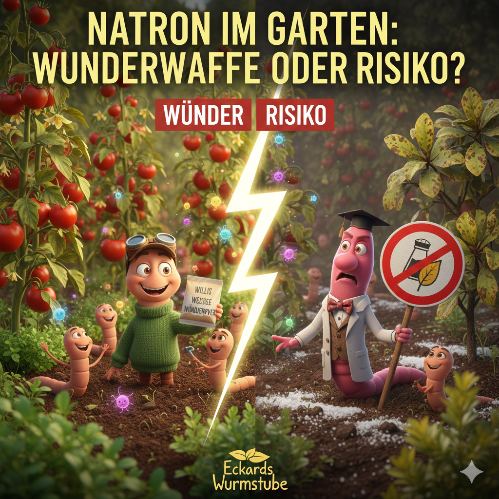 Willi Wurm und Professor Graber diskutieren über Vor- und Nachteile von Natron im Garten – Eckards Wurmstube.