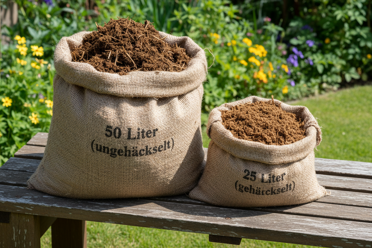2 Säcke stehen auf einer Bank in einem Garten. Das Wetter ist sonnig. Der linke Sack ist doppelt so groß wie der rechte Sack. Im linken Sack ist Pferdedung frisch aus dem Pferd zu sehen. Der Sack hat die Aufschrift: 50 Liter (ungehäckselt). Im rechten Sack ist feingehäckselter Pferdedung zu sehen, der die gleiche Farbe hat, wie der frische Pferdedung. Der Sack hat die Aufschrift: 25 Liter. (gehäckselt) 