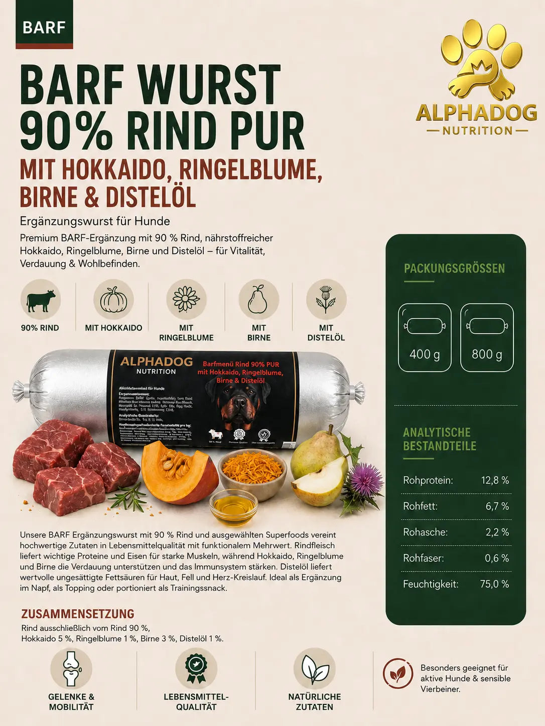 Alphadog BARF-Ergänzungswurst Rind mit Hokkaido & Birne | Getreidefrei