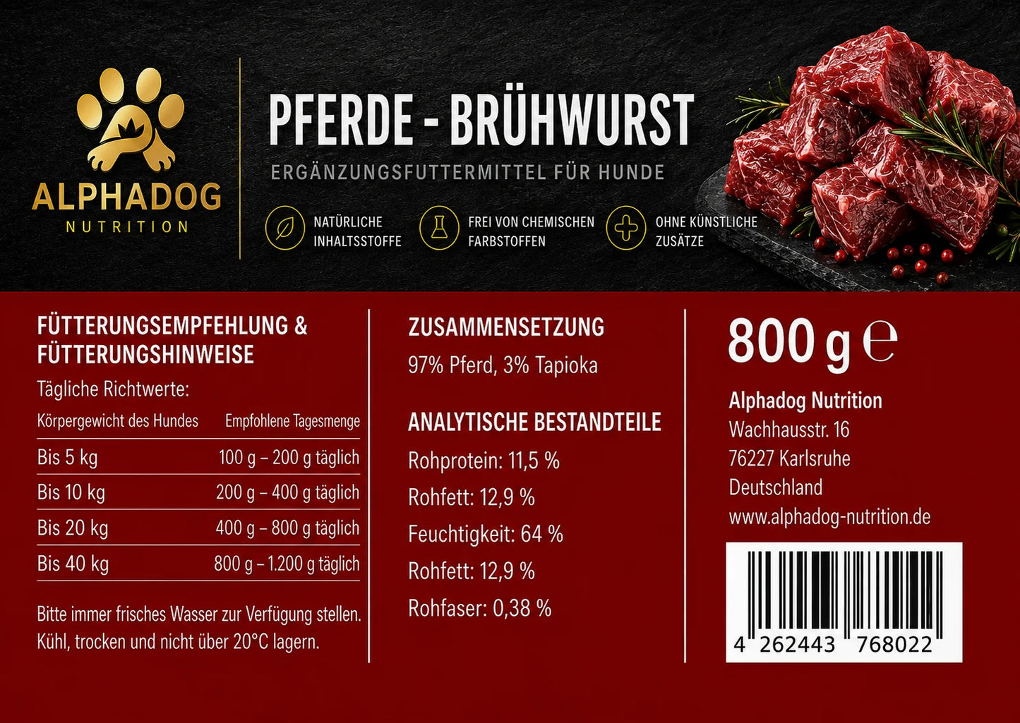Alphadog Pferdefleisch PUR | 800 g | 97 % Pferdefleisch