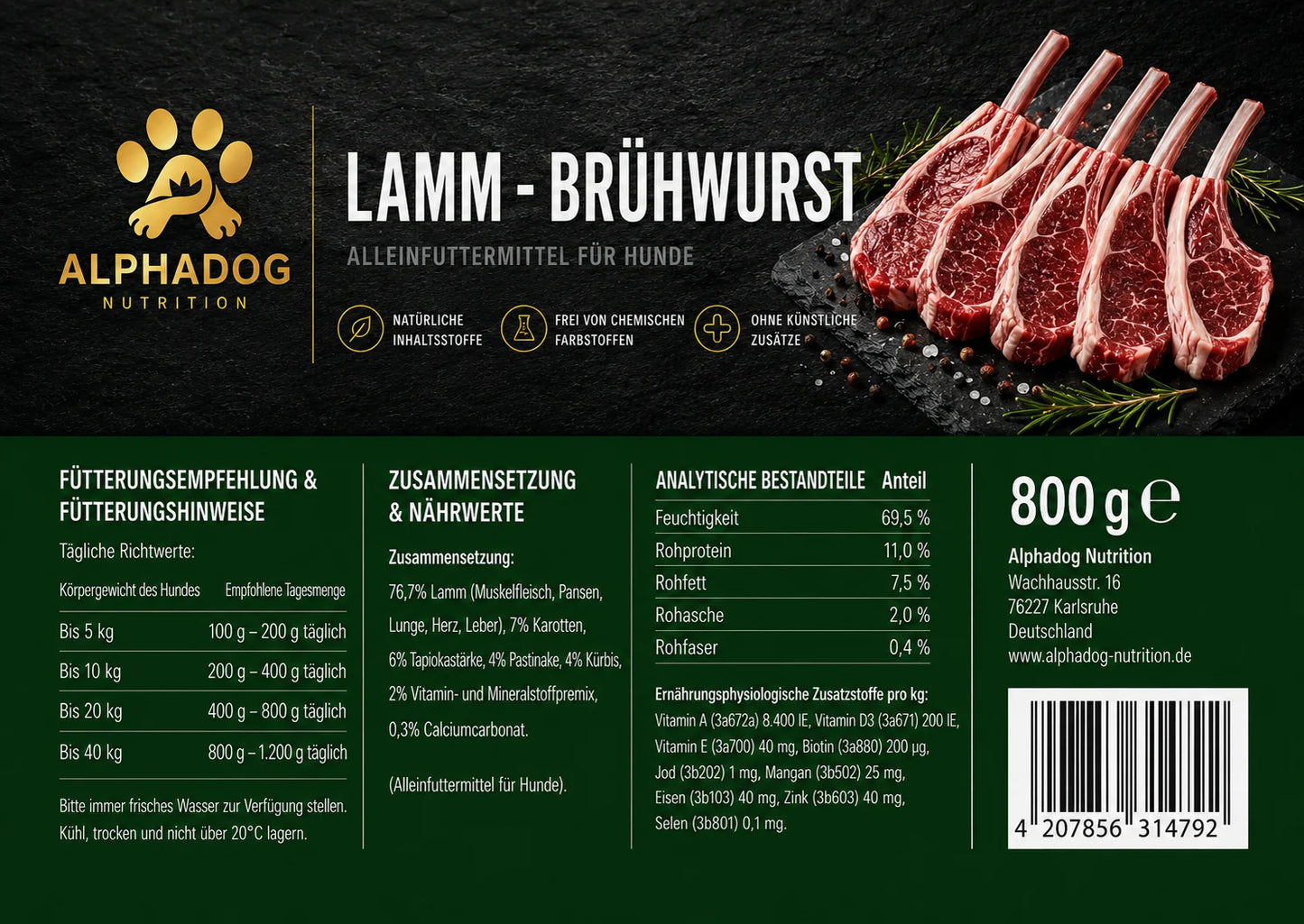 Alphadog Landwurst Huhn Monoprotein | 800 g | Hypoallergen