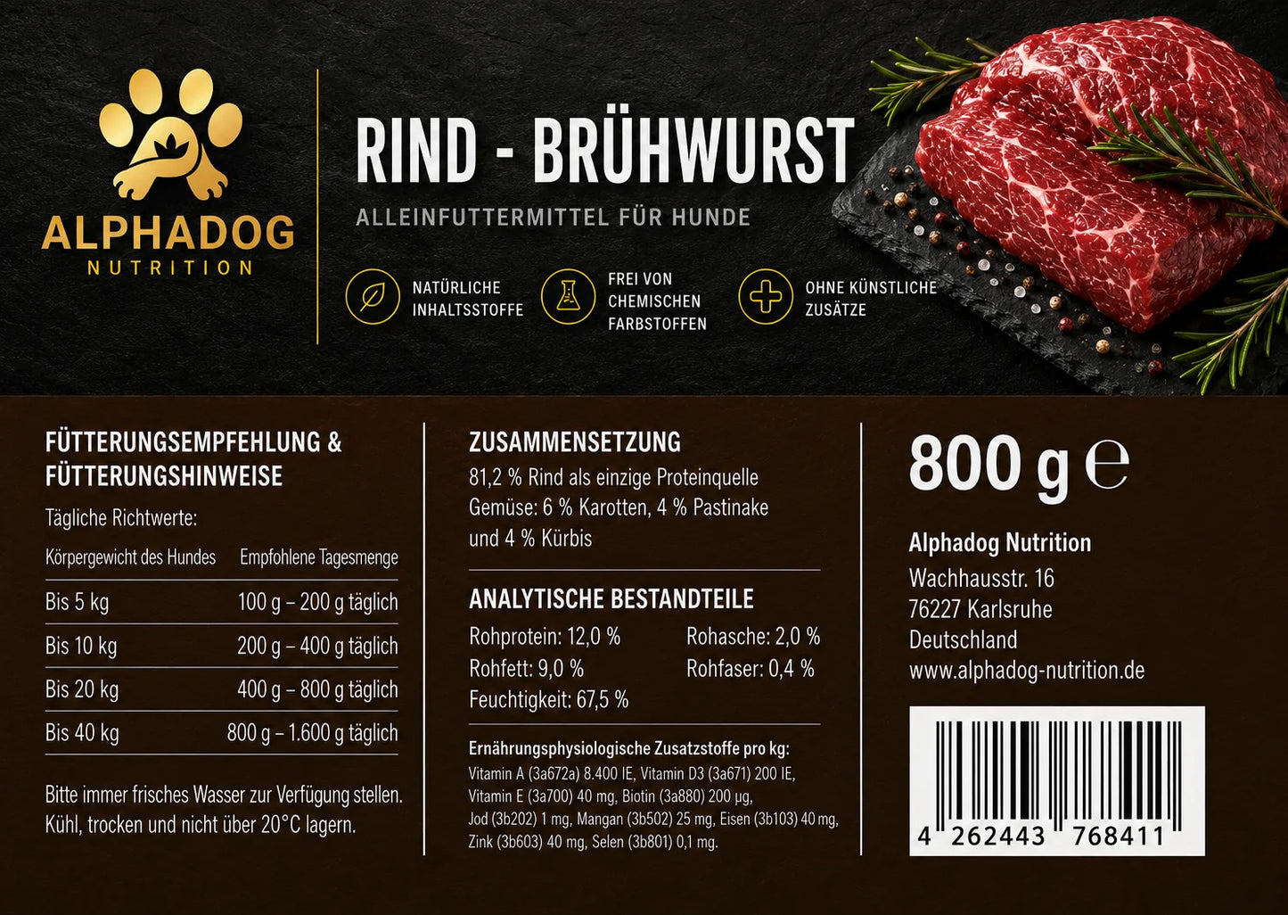 Alphadog BARF Rind mit Kürbis, Pastinake & Karotte | 800 g