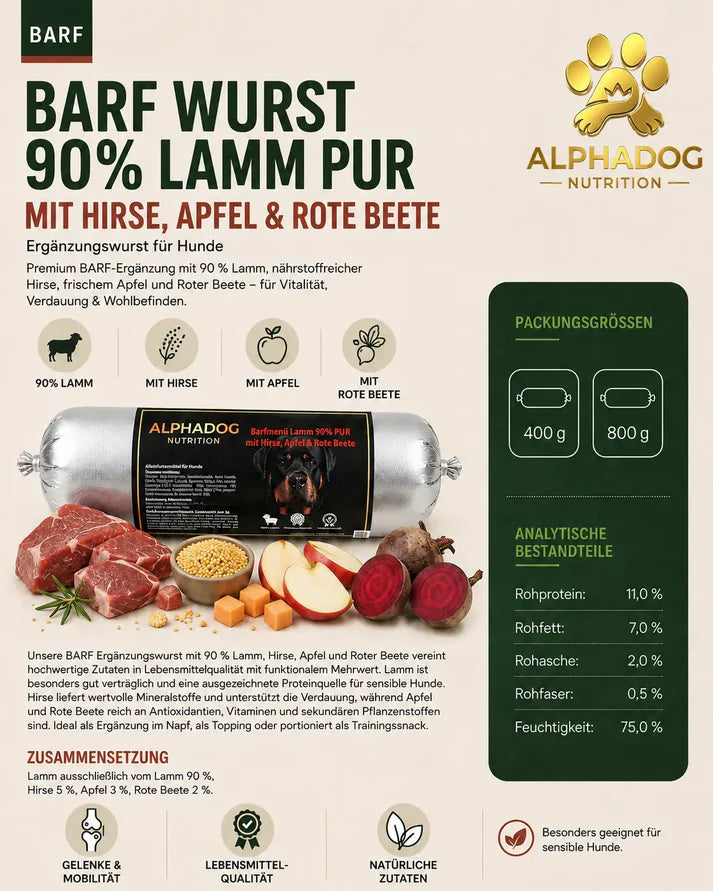Alphadog BARF-Ergänzungswurst Lamm mit Süßkartoffel & Apfel | Getreidefrei