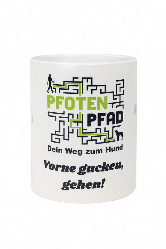 Pfoten-Pfad-Tasse "Vorne gucken, gehen" - 300 ml - Keramiktasse mit Logo und Slogan