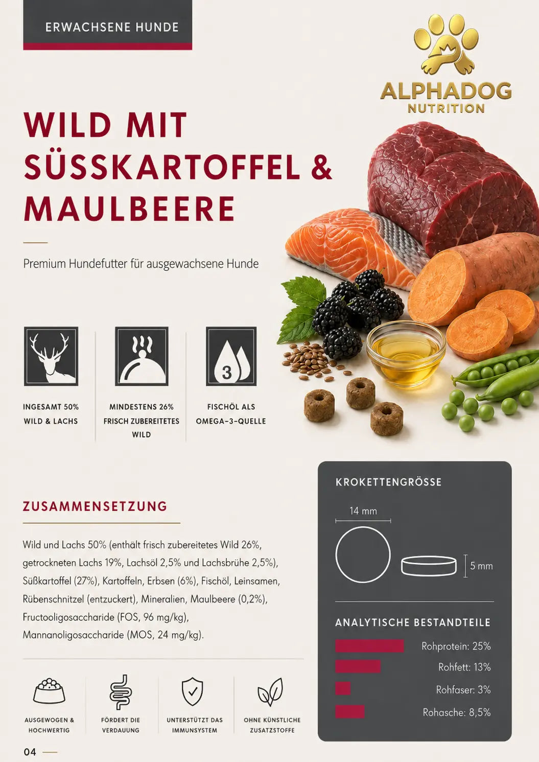 Alphadog Trockenfutter Wild & Lachs mit Süßkartoffel & Maulbeere | 12 kg | Getreidefrei